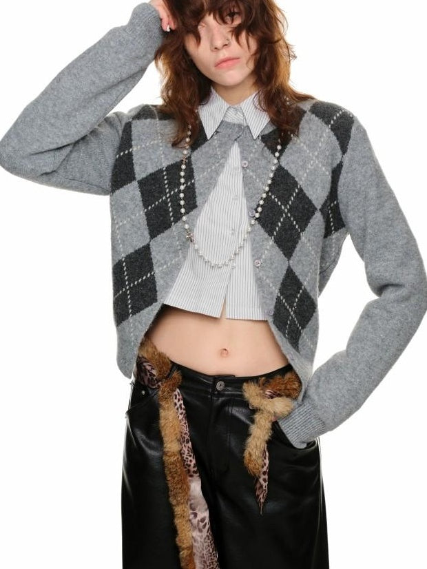 1JINN STUDIO Soft Stretch Poly Wool Blend V-neck Argyle Button Longsleeve Women Cardigans