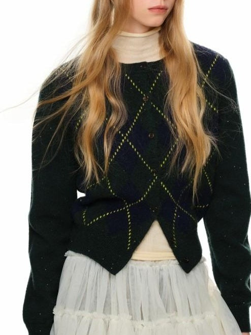 1JINN STUDIO Soft Stretch Poly Wool Blend V-neck Argyle Button Longsleeve Women Cardigans