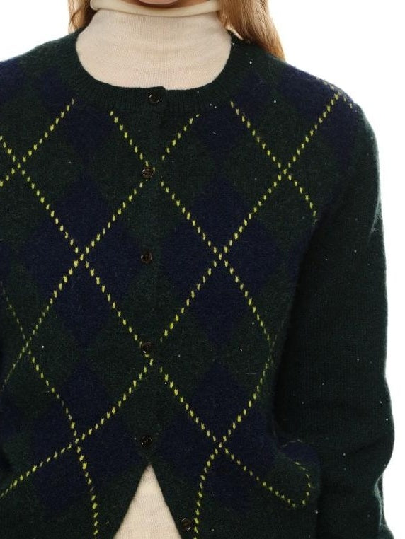 1JINN STUDIO Soft Stretch Poly Wool Blend V-neck Argyle Button Longsleeve Women Cardigans