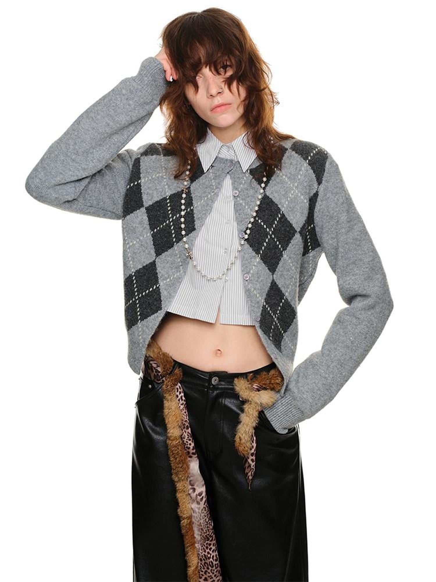1JINN STUDIO Soft Stretch Poly Wool Blend V-neck Argyle Button Longsleeve Women Cardigans