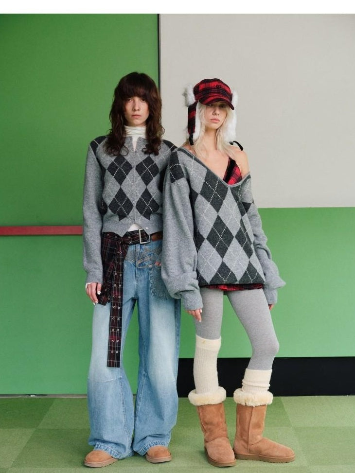 1JINN STUDIO Soft Stretch Poly Wool Blend V-neck Argyle Button Longsleeve Women Cardigans