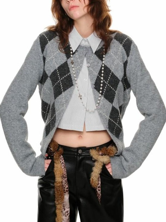 1JINN STUDIO Soft Stretch Poly Wool Blend V-neck Argyle Button Longsleeve Women Cardigans