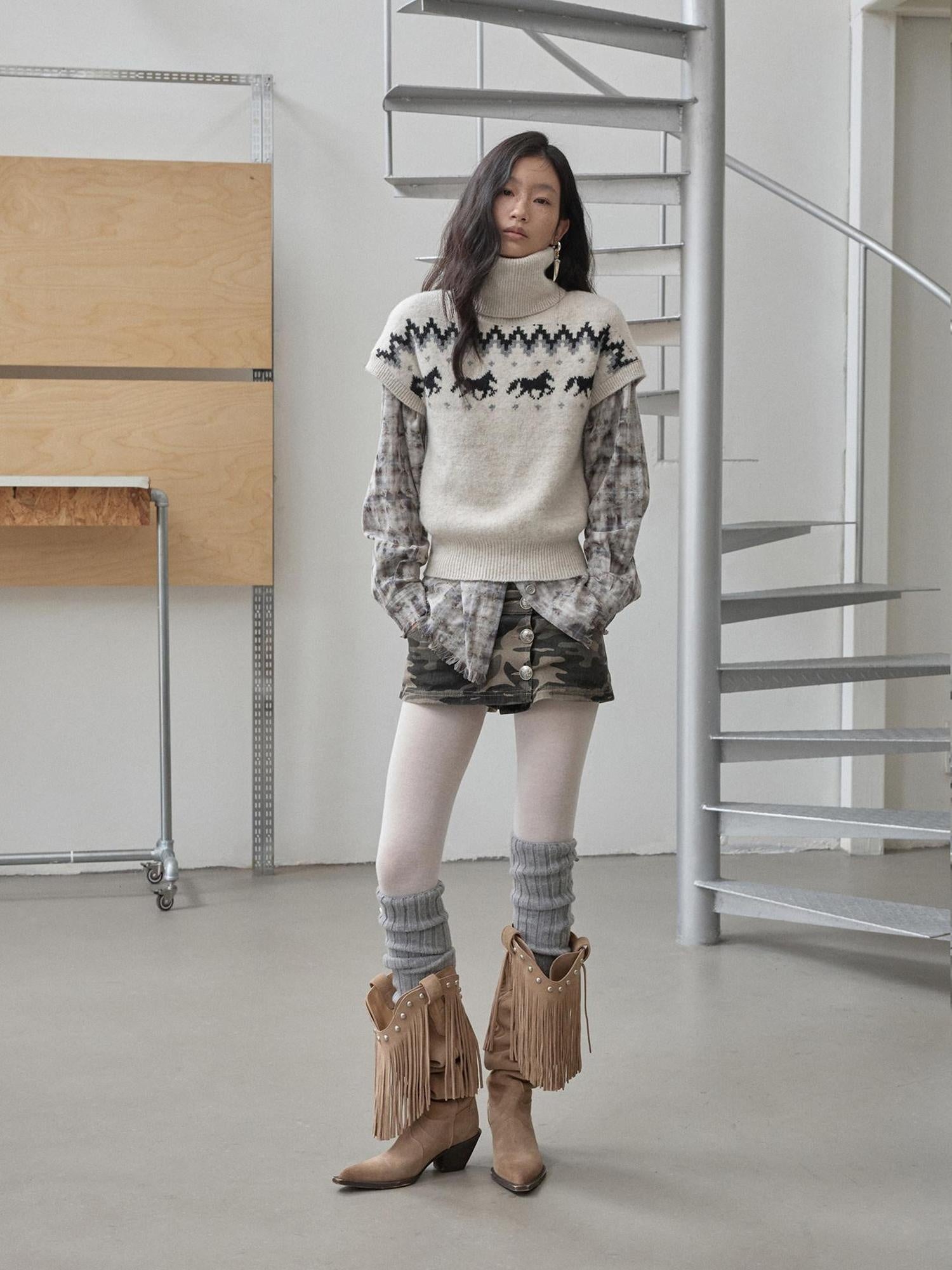 1JINN STUDIO Soft Thick Cropped High Neck Pullover Casual Knit Womens Polyester Wool Sweaters