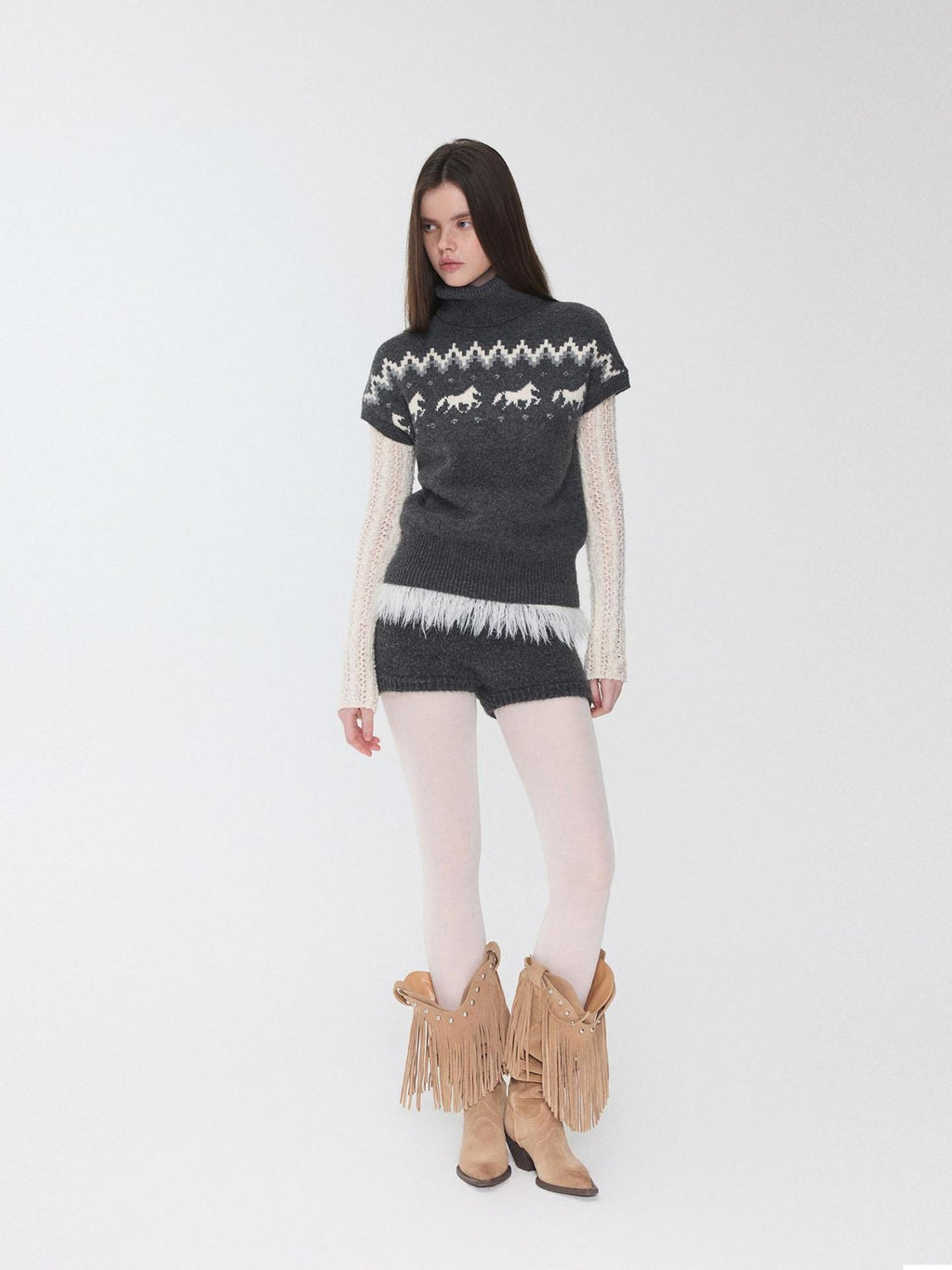 1JINN STUDIO Soft Thick Cropped High Neck Pullover Casual Knit Womens Polyester Wool Sweaters