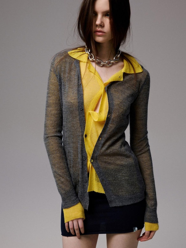1JINN STUDIO Soft Ultra Thin Slim Fit Polo Collar Button Solid Knitwear For Women Cardigans