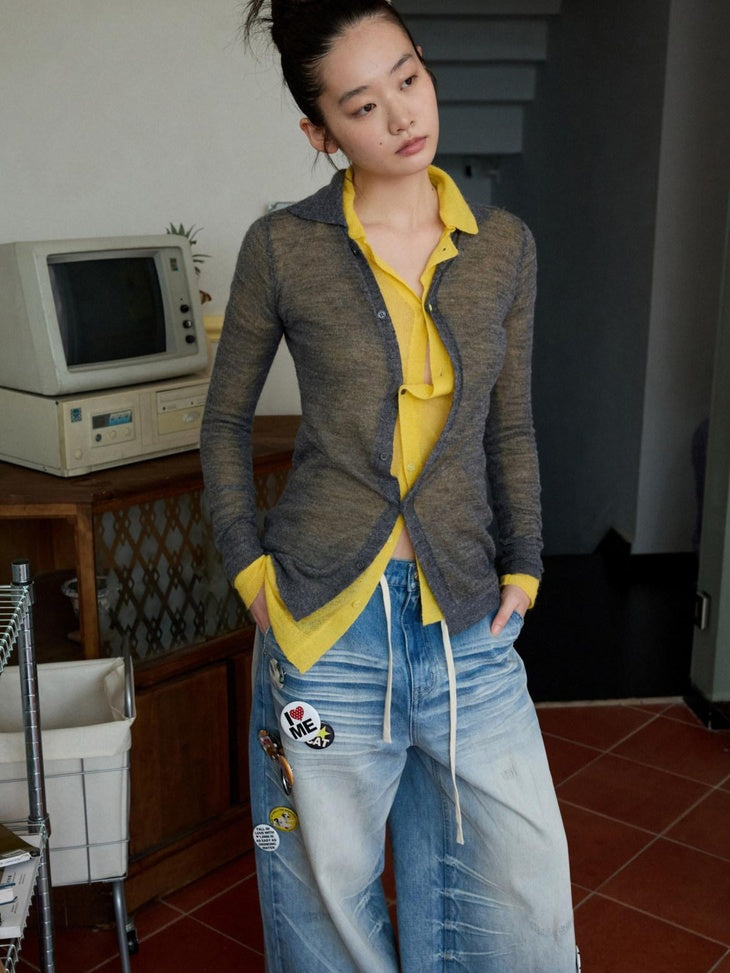 1JINN STUDIO Soft Ultra Thin Slim Fit Polo Collar Button Solid Knitwear For Women Cardigans