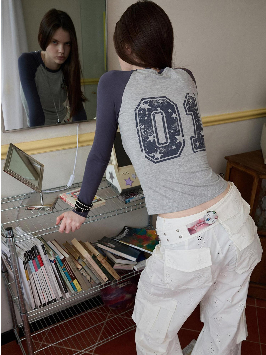 1JINN STUDIO Soft Viscose Commuter Slim Patchwork Women Cross Print Long Sleeve T-Shirts