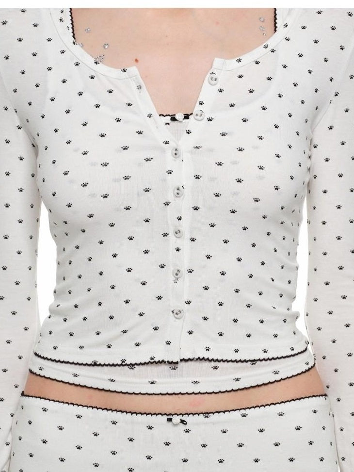 1JINN STUDIO Soft Viscose Slim Lace Polka Dot Button Cardigan Cropped Long Sleeve T-Shirts