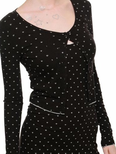 1JINN STUDIO Soft Viscose Slim Lace Polka Dot Button Cardigan Cropped Long Sleeve T-Shirts