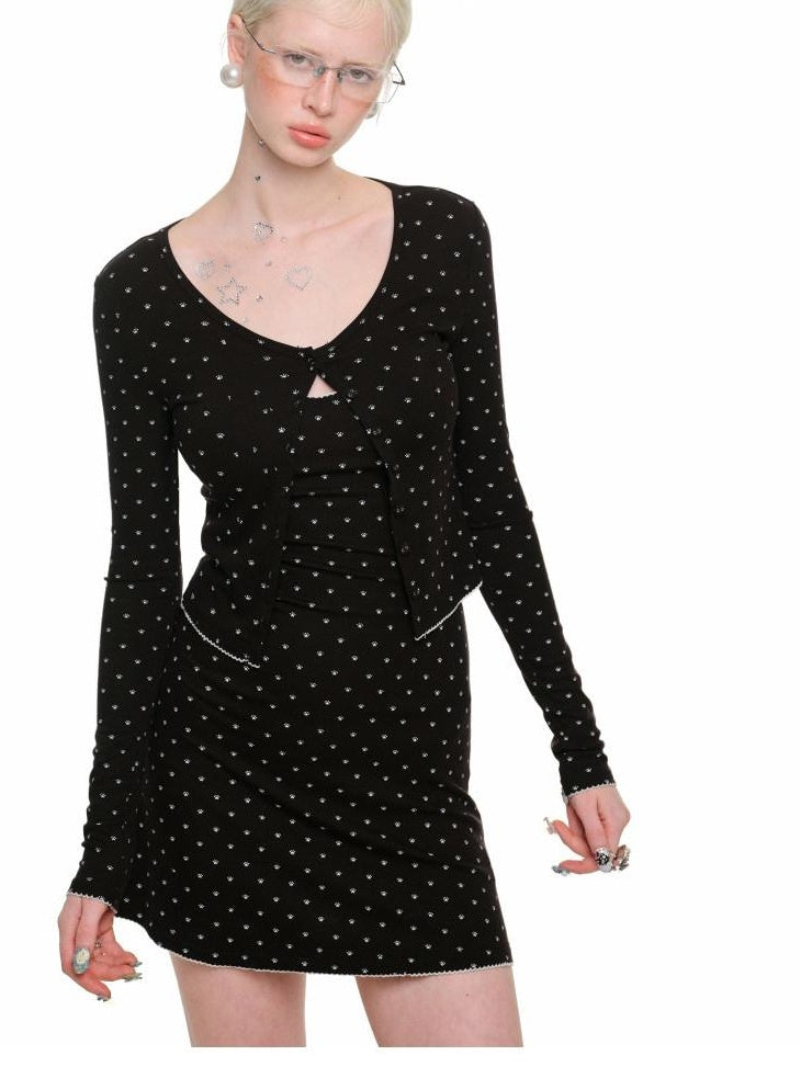 1JINN STUDIO Soft Viscose Slim Lace Polka Dot Button Cardigan Cropped Long Sleeve T-Shirts