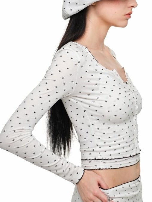 1JINN STUDIO Soft Viscose Slim Lace Polka Dot Button Cardigan Cropped Long Sleeve T-Shirts