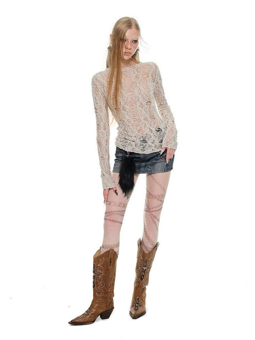 1JINN STUDIO Soft Waist Cinch Dark Gothic Slim Fit Crew Neck Women Long Sleeve T-Shirts