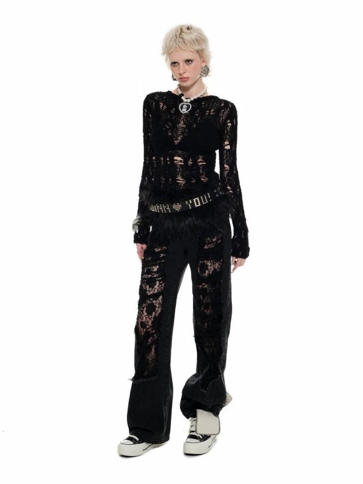 1JINN STUDIO Soft Waist Cinch Dark Gothic Slim Fit Crew Neck Women Long Sleeve T-Shirts