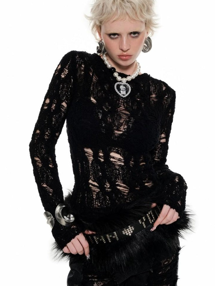 1JINN STUDIO Soft Waist Cinch Dark Gothic Slim Fit Crew Neck Women Long Sleeve T-Shirts