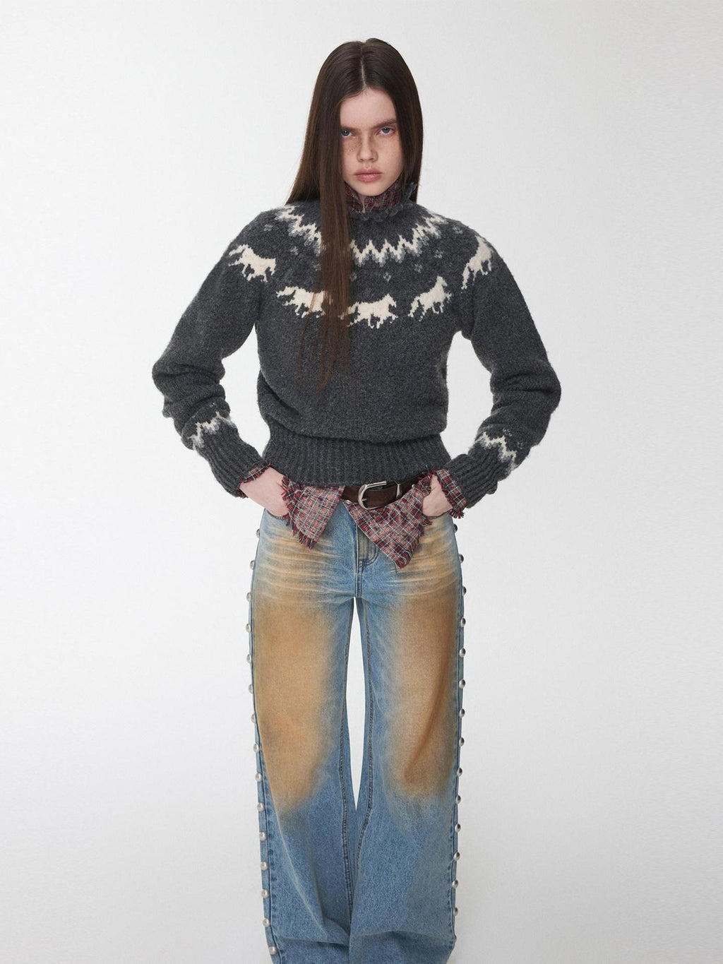1JINN STUDIO Soft Warm Knit Street Slim Fit Raw Edge Women Crew Neck Pullover Sweaters