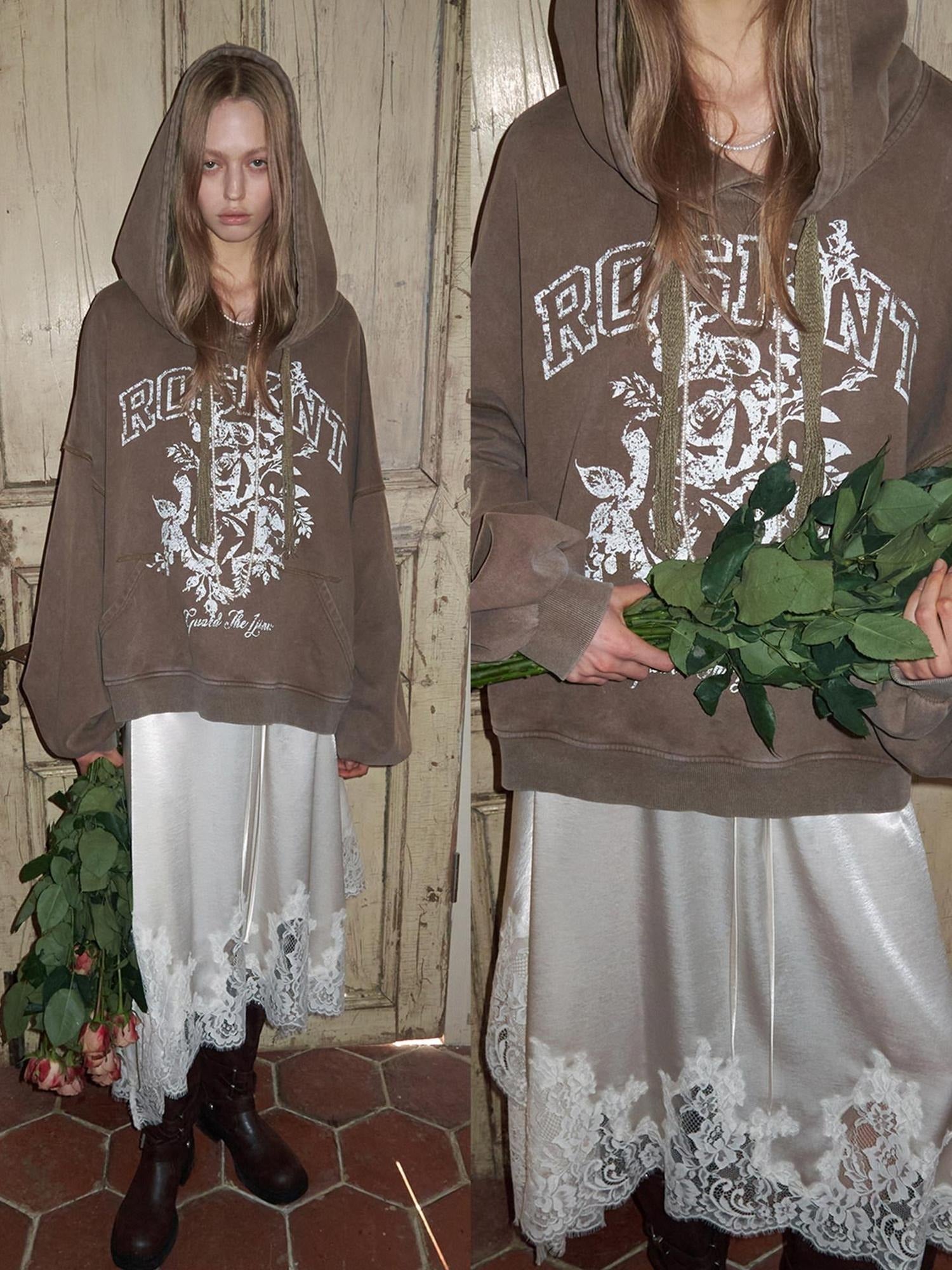 1JINN STUDIO Soft Washed Pure Cotton Loose Fit Slouchy Sleeve Women Rose Print Hoodie