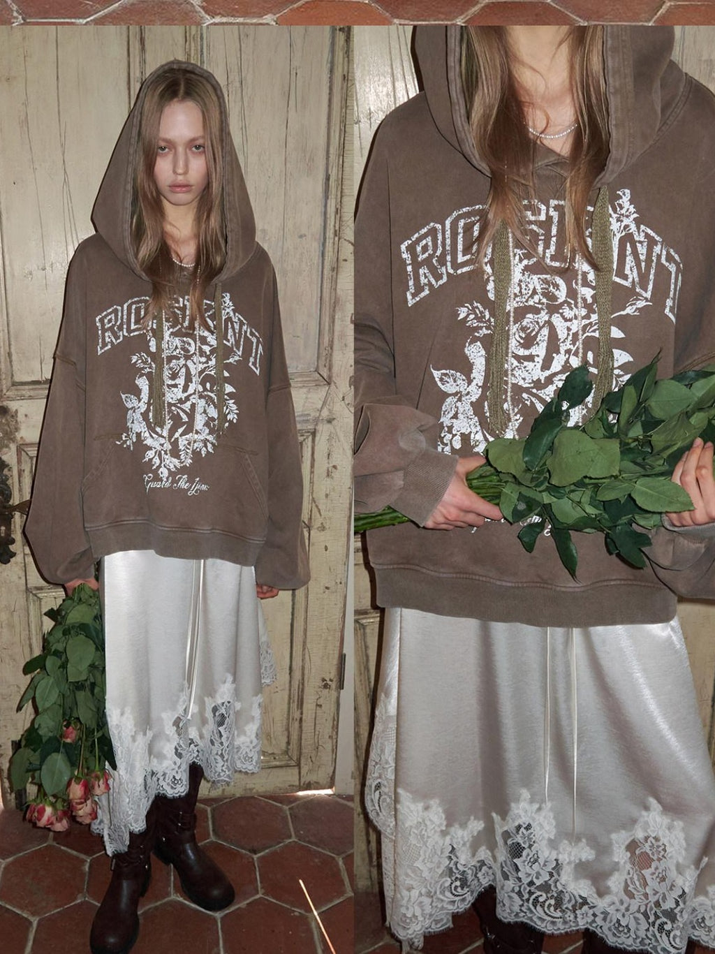 1JINN STUDIO Soft Washed Pure Cotton Loose Fit Slouchy Sleeve Women Rose Print Hoodie