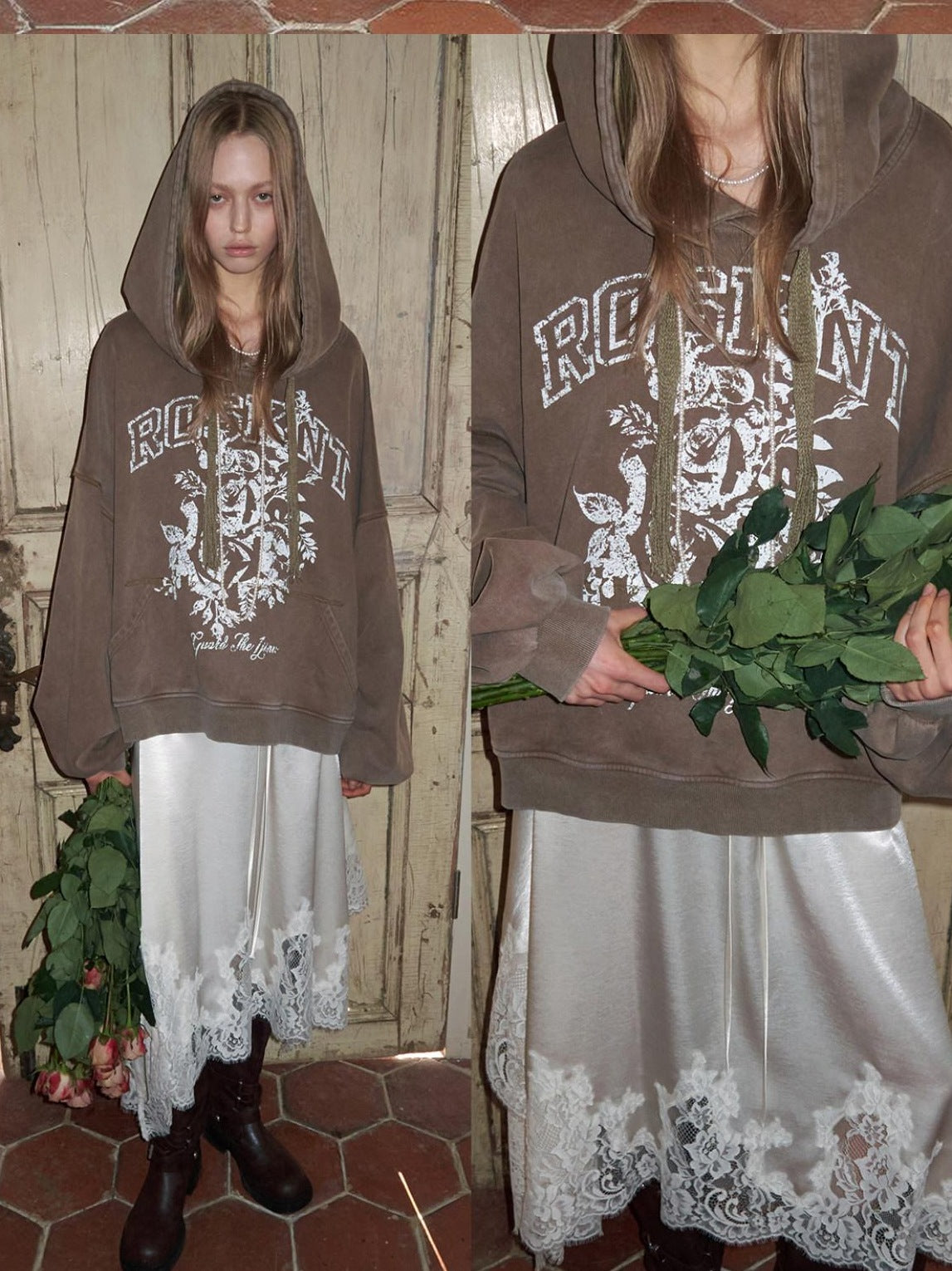 1JINN STUDIO Soft Washed Pure Cotton Loose Fit Slouchy Sleeve Women Rose Print Hoodie