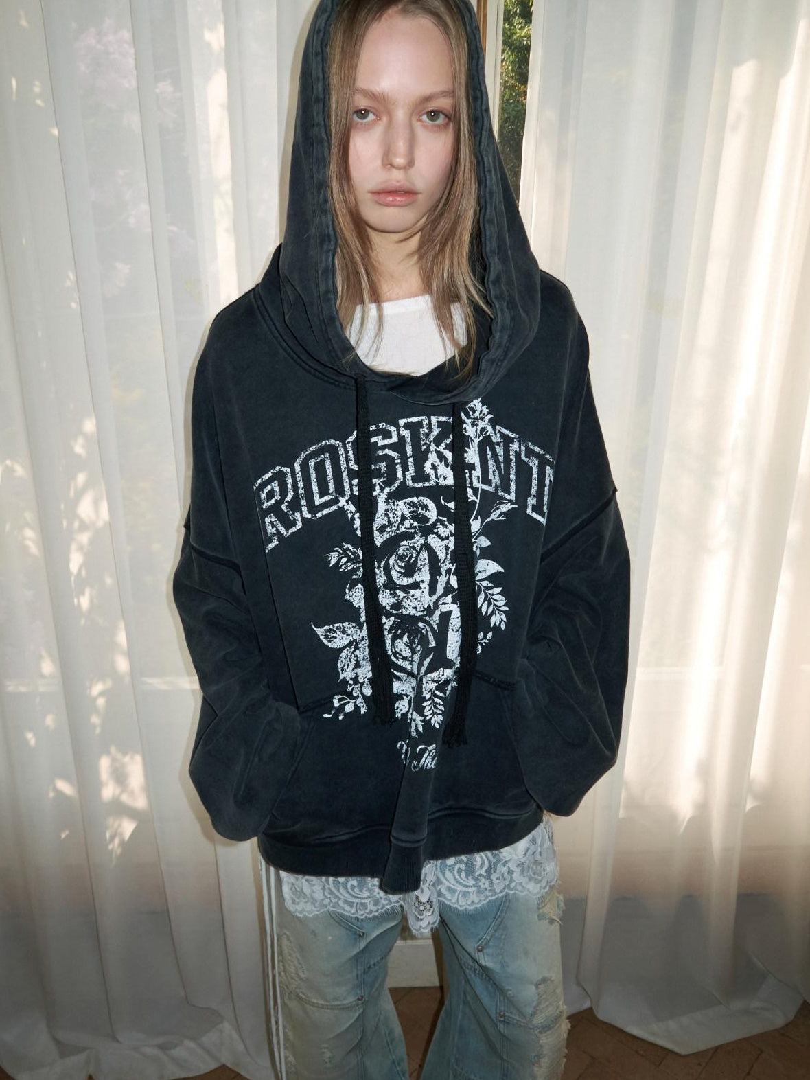 1JINN STUDIO Soft Washed Pure Cotton Loose Fit Slouchy Sleeve Women Rose Print Hoodie