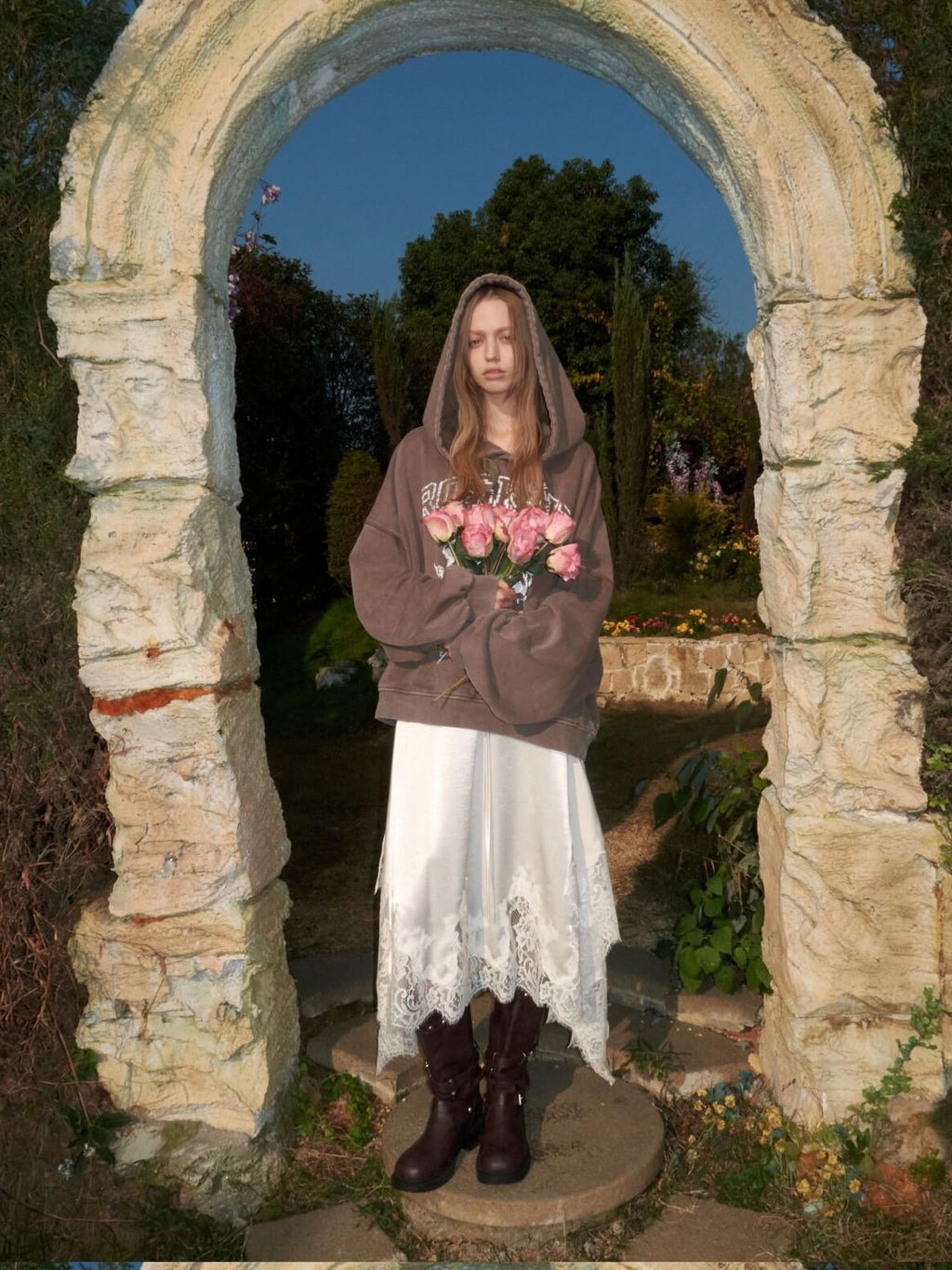 1JINN STUDIO Soft Washed Pure Cotton Loose Fit Slouchy Sleeve Women Rose Print Hoodie
