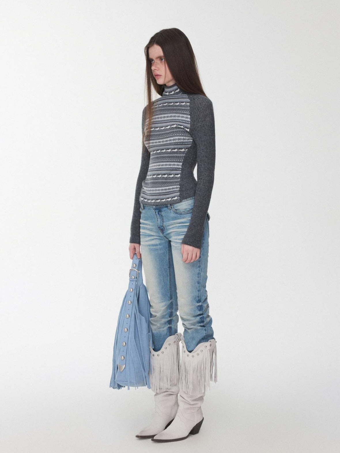 1JINN STUDIO Soft Wool Blend Slim Fit Raglan Letter Knit Pullover Women Long Sleeve T-Shirts