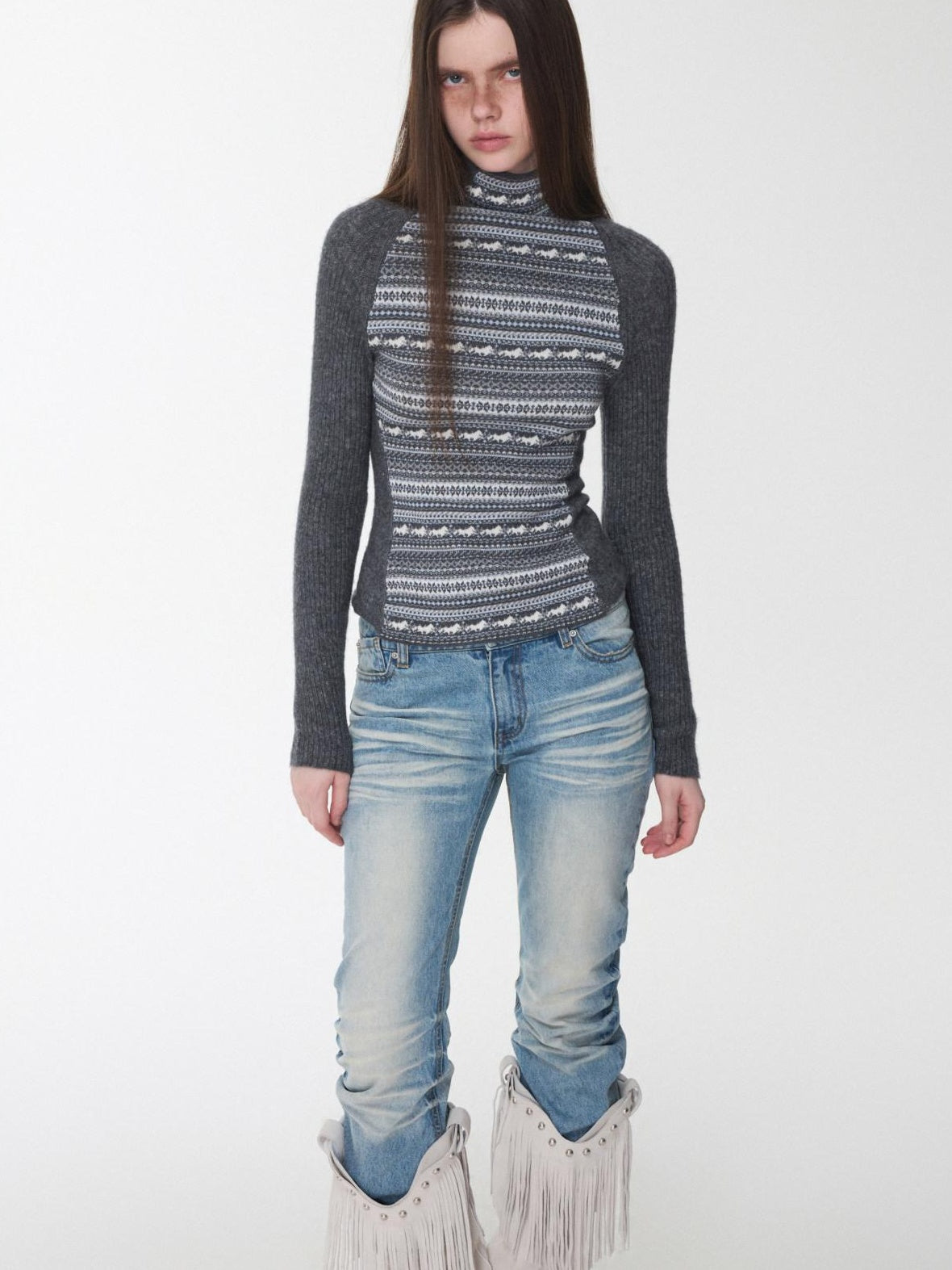 1JINN STUDIO Soft Wool Blend Slim Fit Raglan Letter Knit Pullover Women Long Sleeve T-Shirts