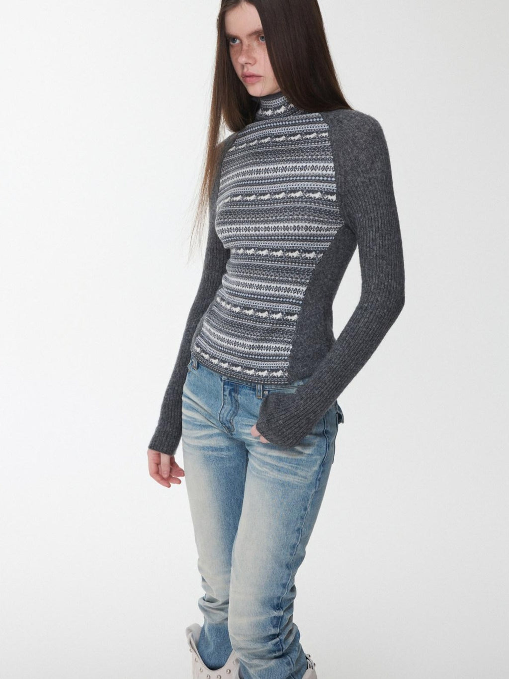 1JINN STUDIO Soft Wool Blend Slim Fit Raglan Letter Knit Pullover Women Long Sleeve T-Shirts
