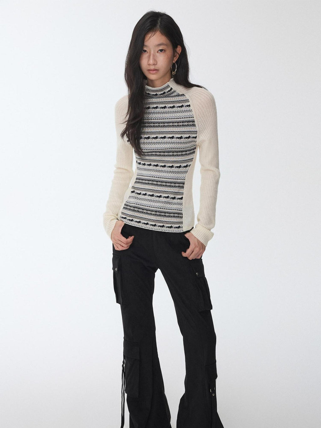 1JINN STUDIO Soft Wool Blend Slim Fit Raglan Letter Knit Pullover Women Long Sleeve T-Shirts