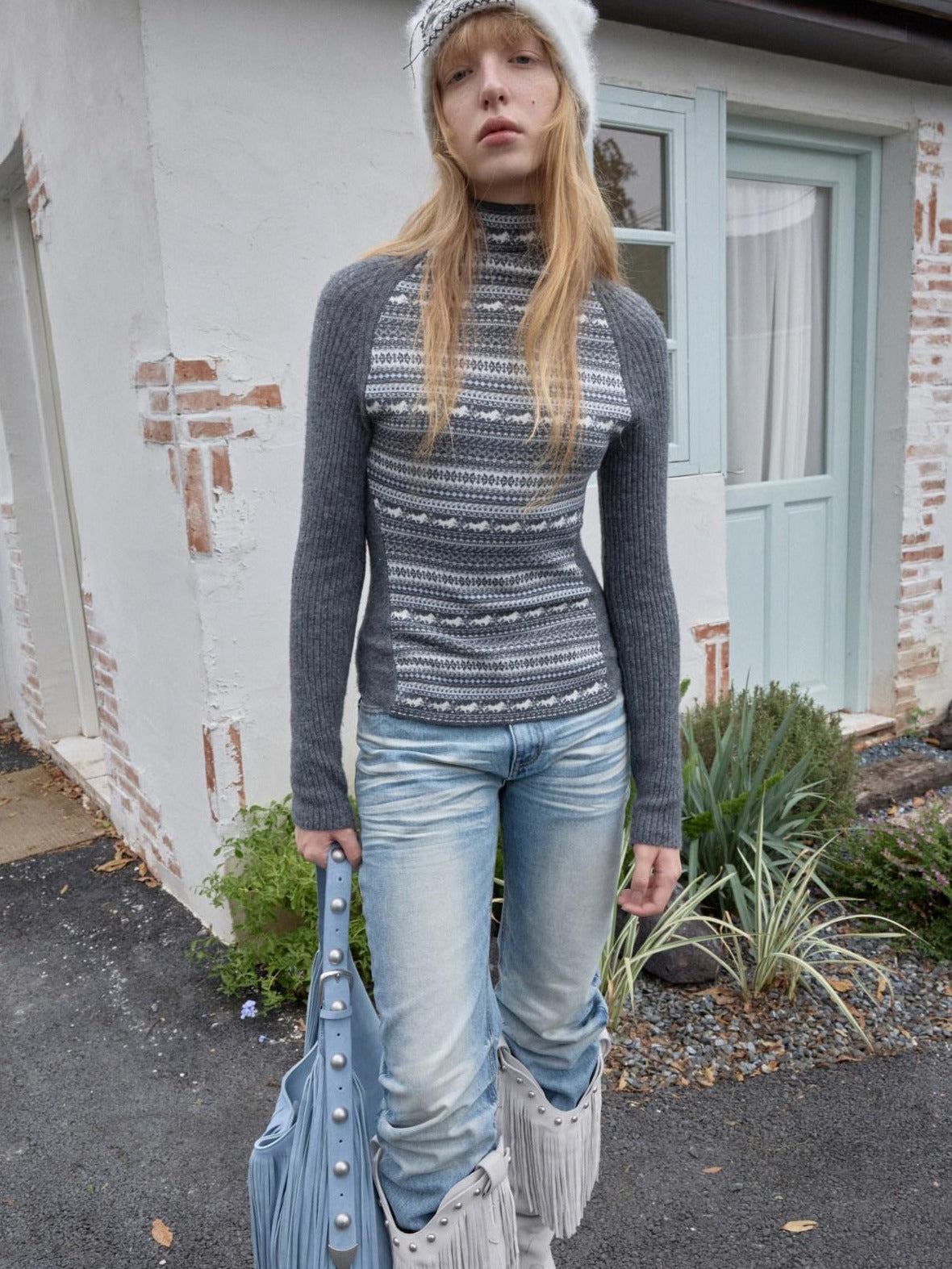 1JINN STUDIO Soft Wool Blend Slim Fit Raglan Letter Knit Pullover Women Long Sleeve T-Shirts