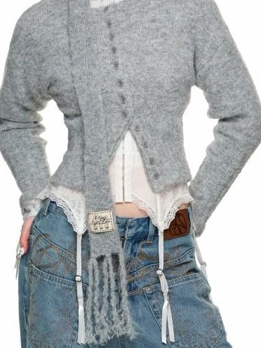 1JINN STUDIO Soft Wool Blend Solid Crewneck Long Sleeve Office Women Two Piece Set Cardigans