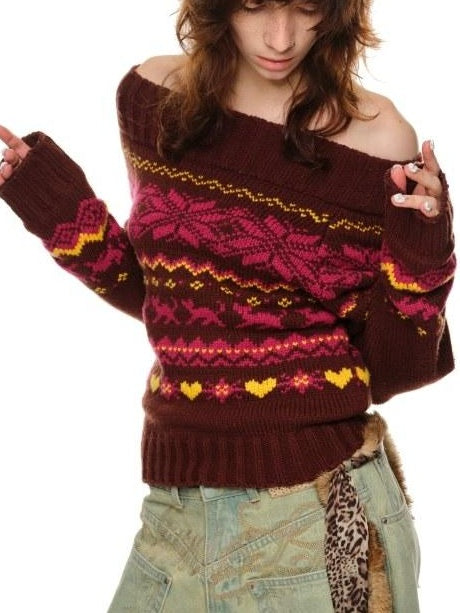 1JINN STUDIO Soft Wool Blend Sweet Loose Off Shoulder Crop Women Knit Tops Sweaters