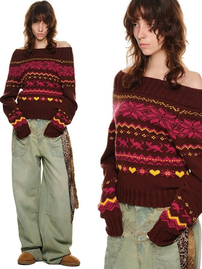 1JINN STUDIO Soft Wool Blend Sweet Loose Off Shoulder Crop Women Knit Tops Sweaters