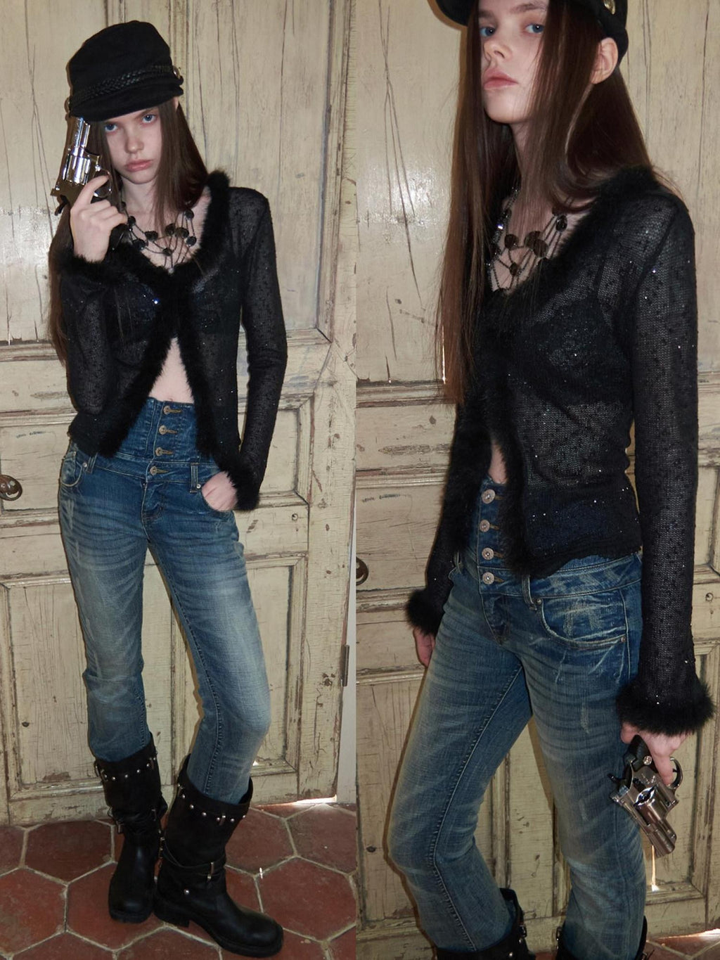 1JINN STUDIO Sparkling Sequin Lace Slim Fit V-neck Button Knit For Women Polyester Cardigans