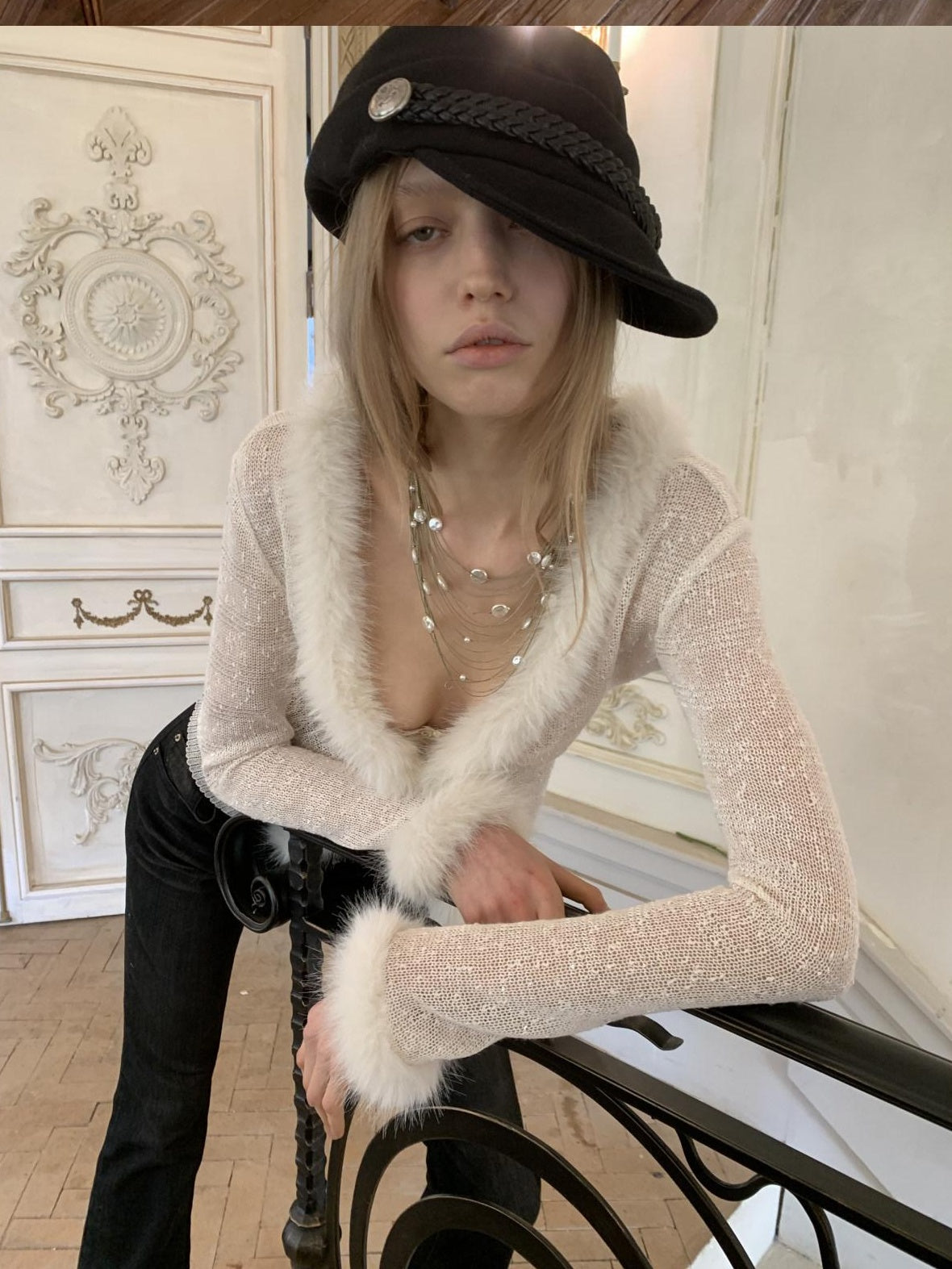 1JINN STUDIO Sparkling Sequin Lace Slim Fit V-neck Button Knit For Women Polyester Cardigans