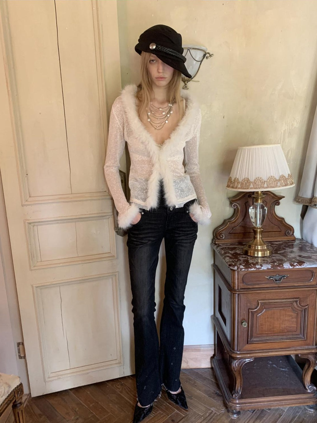 1JINN STUDIO Sparkling Sequin Lace Slim Fit V-neck Button Knit For Women Polyester Cardigans