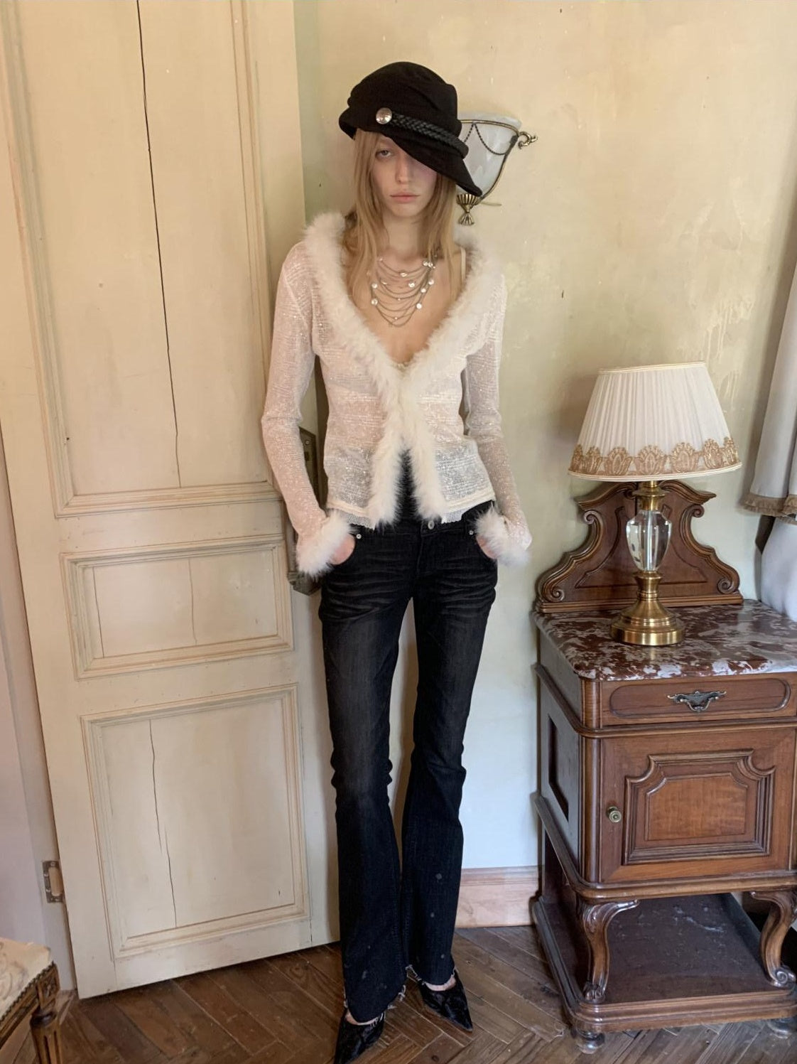 1JINN STUDIO Sparkling Sequin Lace Slim Fit V-neck Button Knit For Women Polyester Cardigans