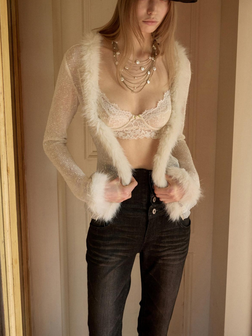 1JINN STUDIO Sparkling Sequin Lace Slim Fit V-neck Button Knit For Women Polyester Cardigans