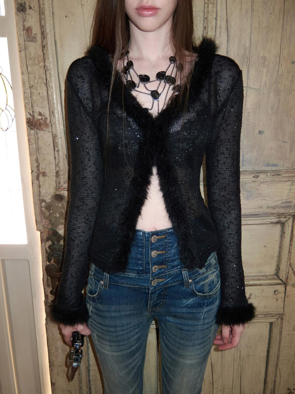1JINN STUDIO Sparkling Sequin Lace Slim Fit V-neck Button Knit For Women Polyester Cardigans