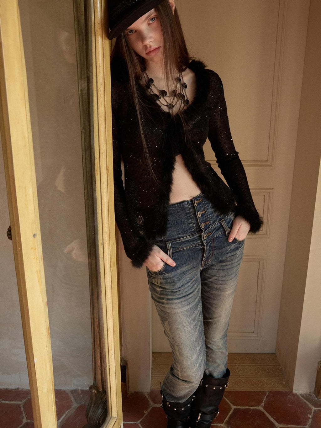 1JINN STUDIO Sparkling Sequin Lace Slim Fit V-neck Button Knit For Women Polyester Cardigans
