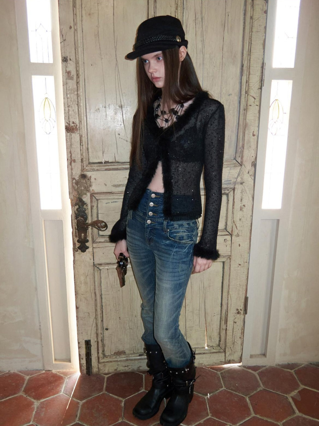1JINN STUDIO Sparkling Sequin Lace Slim Fit V-neck Button Knit For Women Polyester Cardigans