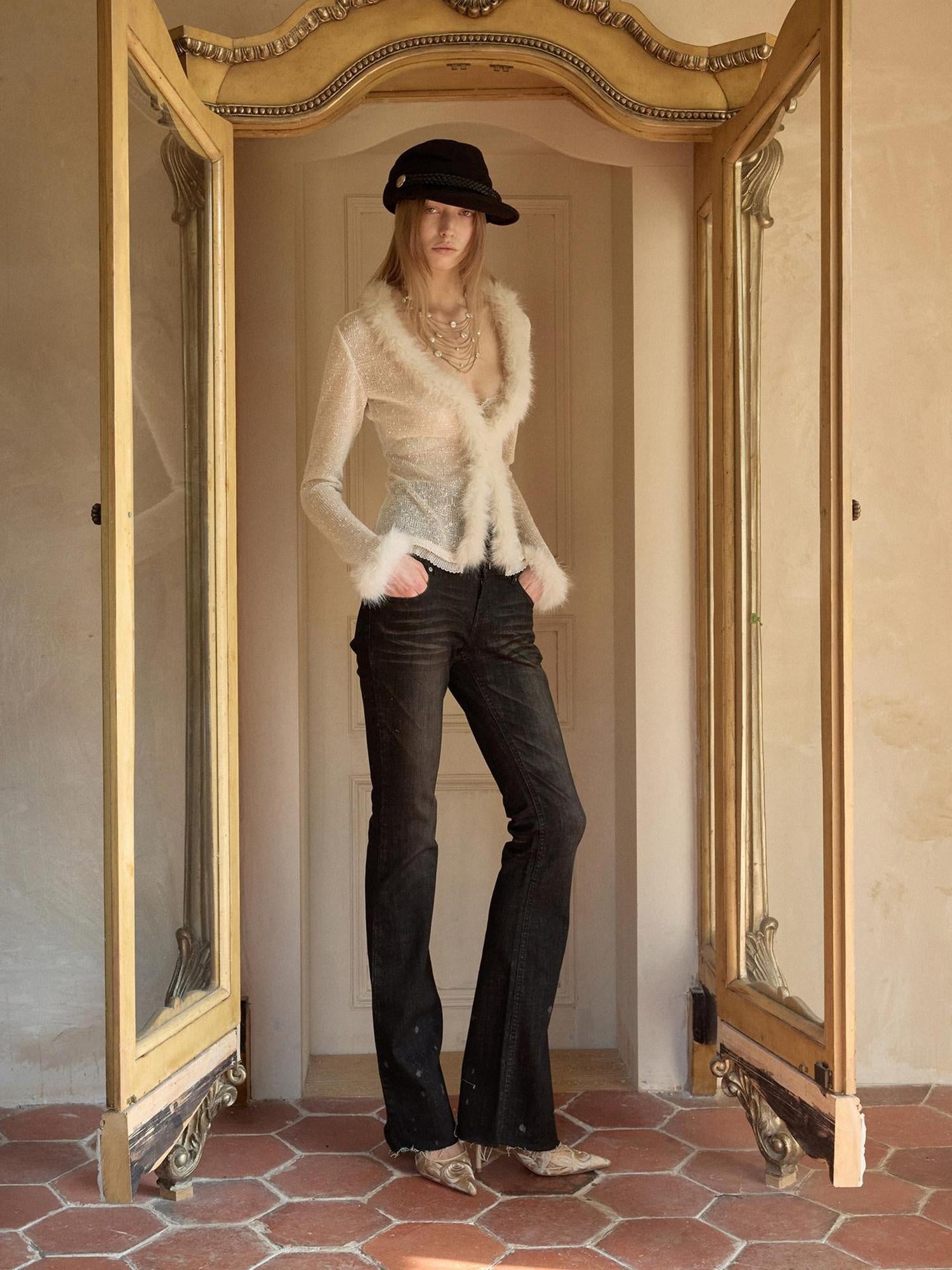 1JINN STUDIO Sparkling Sequin Lace Slim Fit V-neck Button Knit For Women Polyester Cardigans