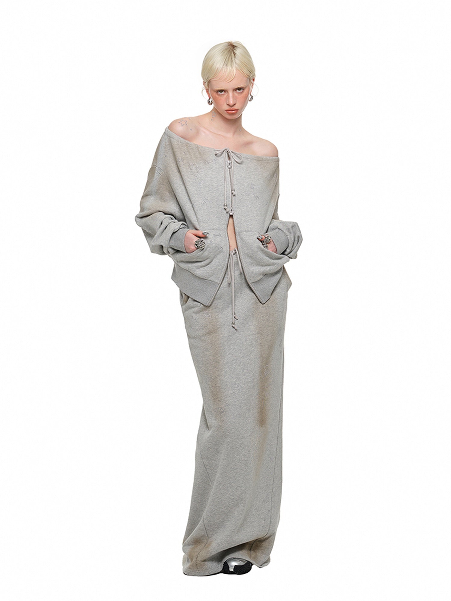 1JINN STUDIO Stretch Cotton Zip Cardigan Loose Fit Boat Neck Women Workwear Top & Pants Sets