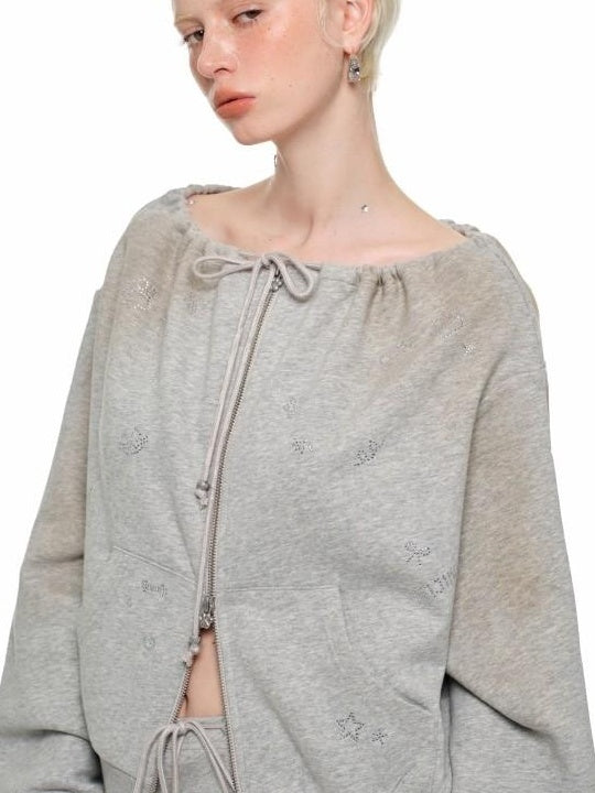1JINN STUDIO Stretch Cotton Zip Cardigan Loose Fit Boat Neck Women Workwear Top & Pants Sets