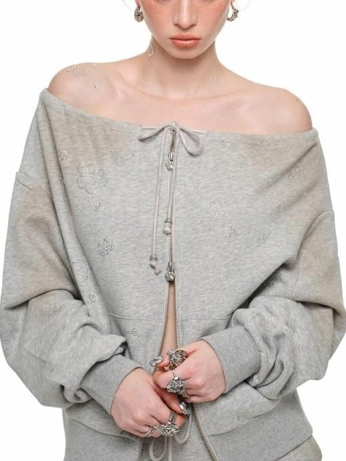1JINN STUDIO Stretch Cotton Zip Cardigan Loose Fit Boat Neck Women Workwear Top & Pants Sets