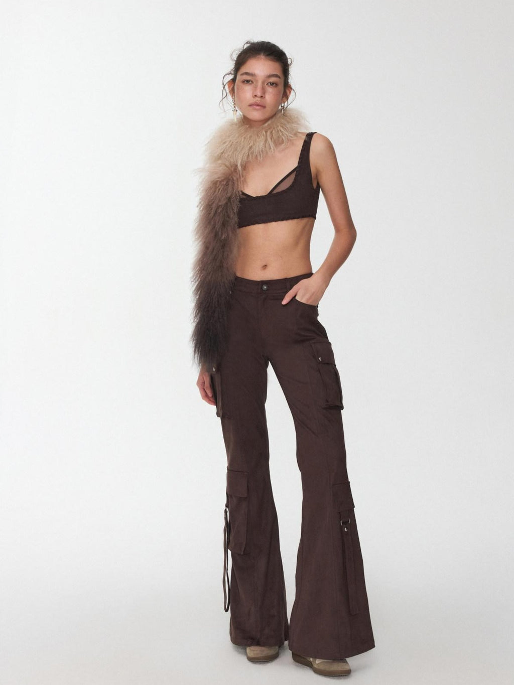 1JINN STUDIO Stretch Low Waist Metal Hardware Casual Microflare Womens Poly Blend Flared Pants