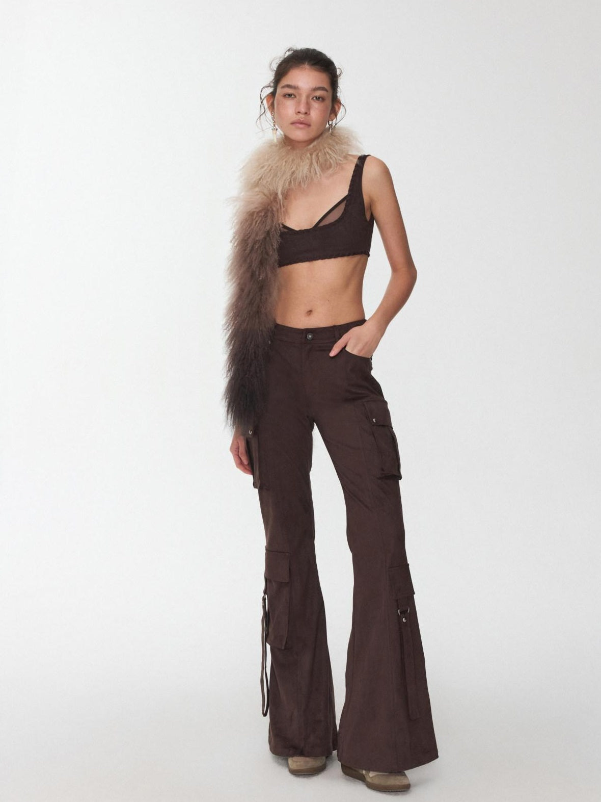 1JINN STUDIO Stretch Low Waist Metal Hardware Casual Microflare Womens Poly Blend Flared Pants