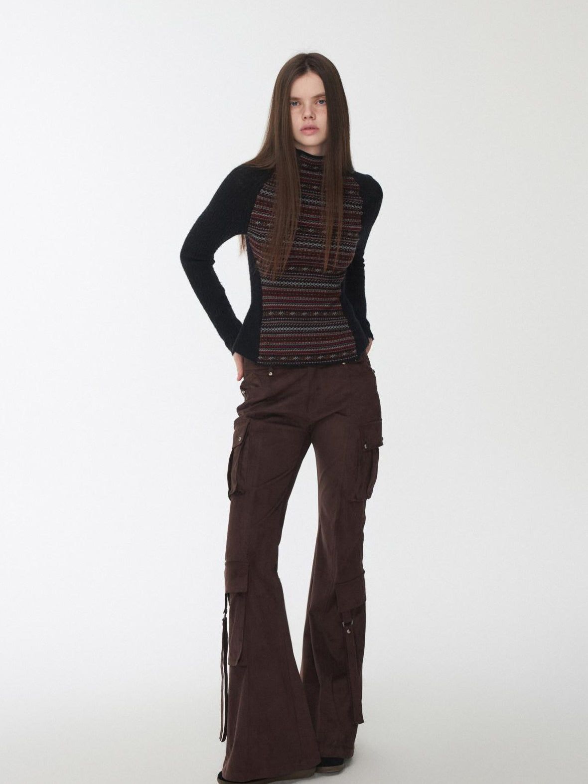 1JINN STUDIO Stretch Low Waist Metal Hardware Casual Microflare Womens Poly Blend Flared Pants