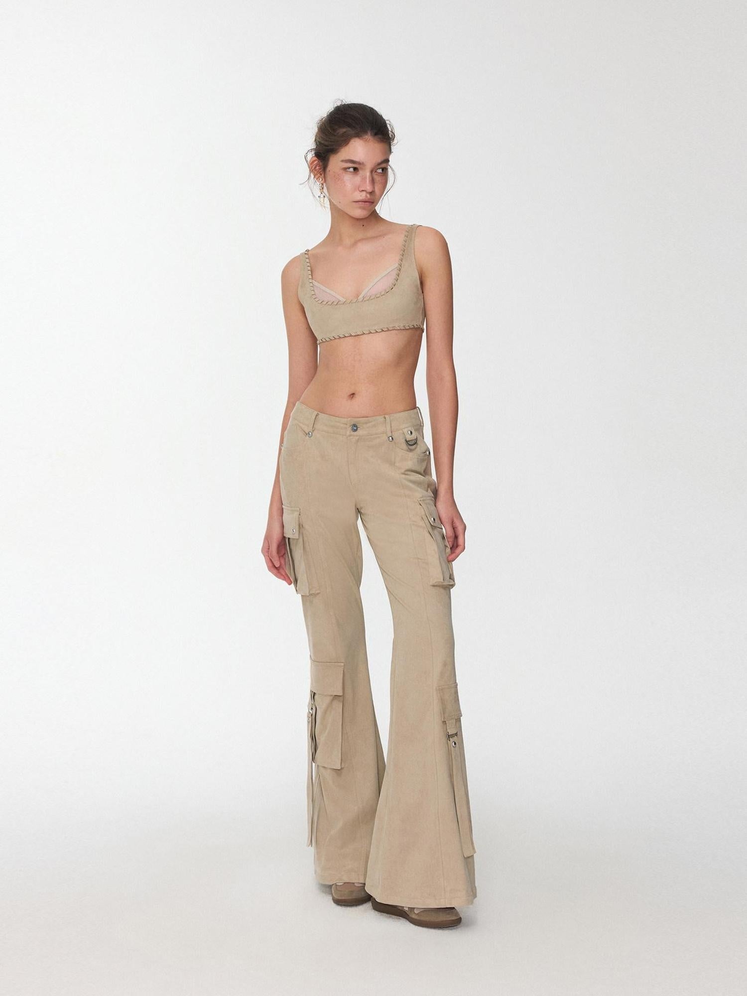 1JINN STUDIO Stretch Low Waist Metal Hardware Casual Microflare Womens Poly Blend Flared Pants