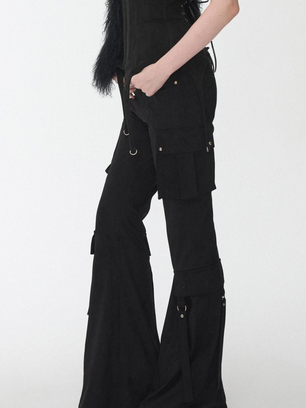 1JINN STUDIO Stretch Low Waist Metal Hardware Casual Microflare Womens Poly Blend Flared Pants