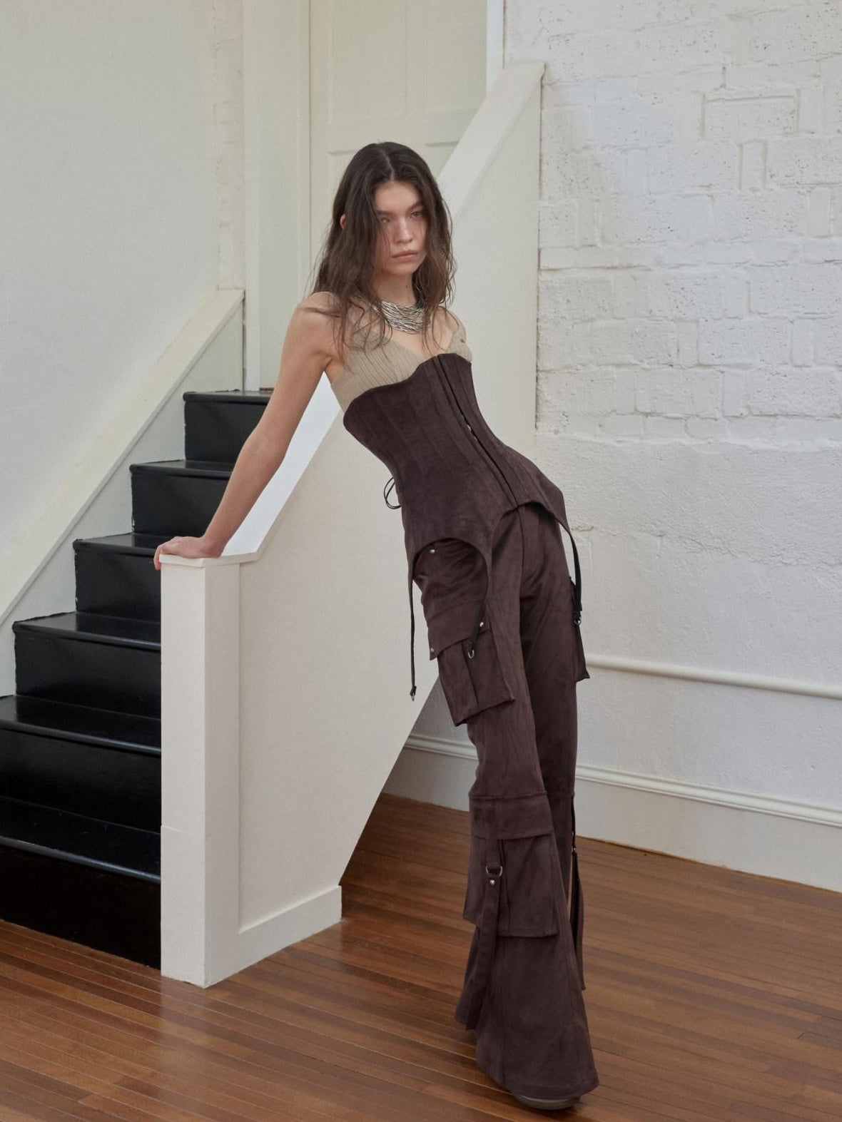 1JINN STUDIO Stretch Low Waist Metal Hardware Casual Microflare Womens Poly Blend Flared Pants